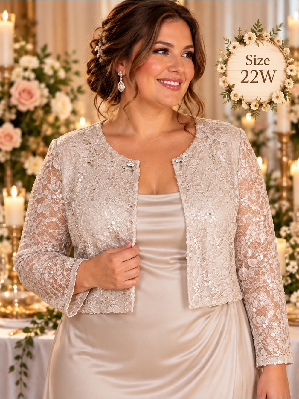 NWT - 22W - SLEEK TRENDS - Elegant Plus-Size Lace bolero Champagne